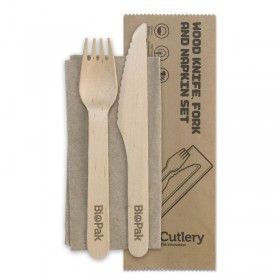 16cm FSC Certified Coated Wooden Knife, Fork & Napkin Set  400 pcs