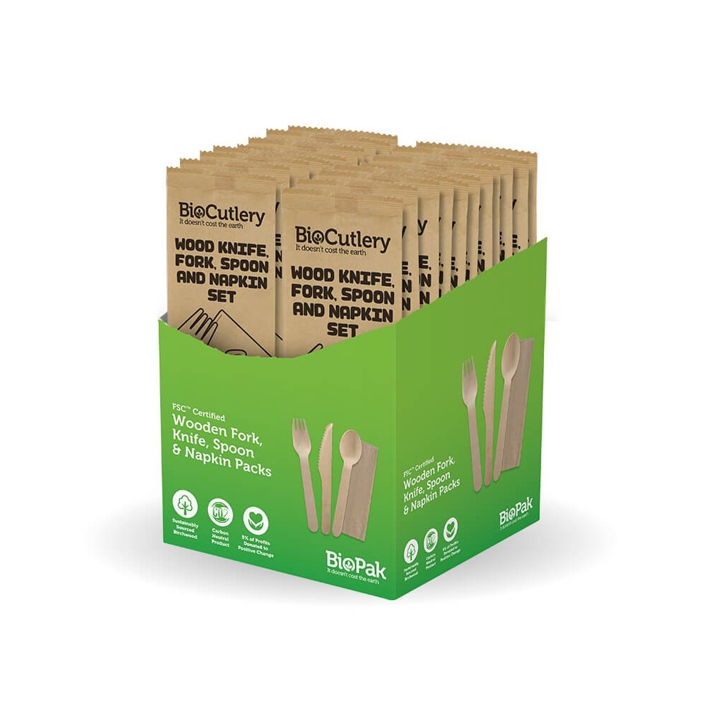 16cm Knife Fork and Napkin set - Retail Pack Wood - FSC 100%  280 pcs
