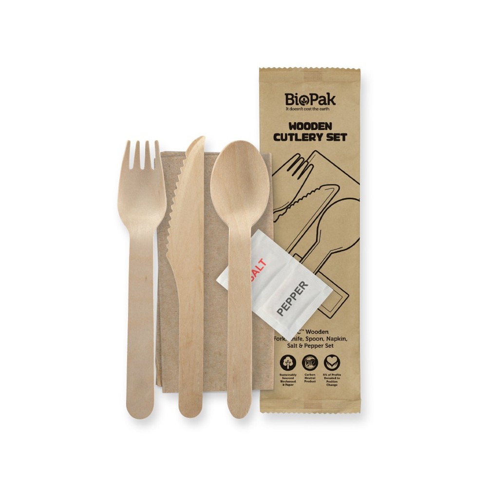 16cm Coated Wooden Knife Fork Spoon Napkin Salt & Pepper Takeaway Set  400 pcs