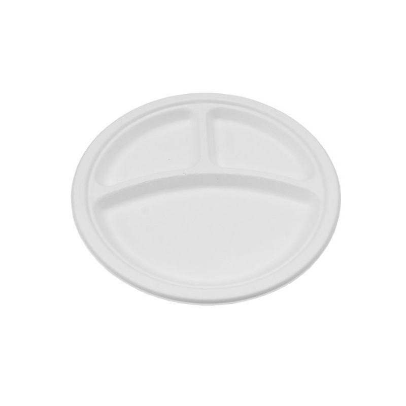 10" 3-Compartments Sugarcane Bagasse Round Plate  500 pcs