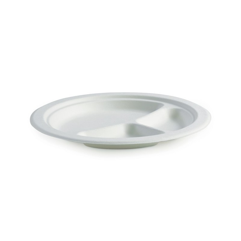 9" 3 Compartment Round Plate - White  500 pcs