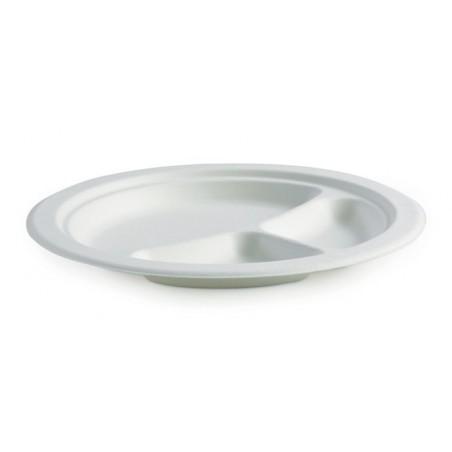 9" 3 Compartment Round Plate - White  500 pcs
